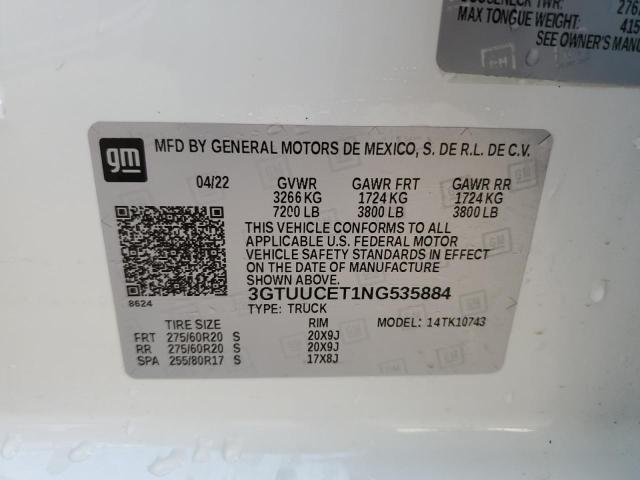 3GTUUCET1NG535884 - 2022 GMC SIERRA K1500 ELEVATION WHITE photo 12