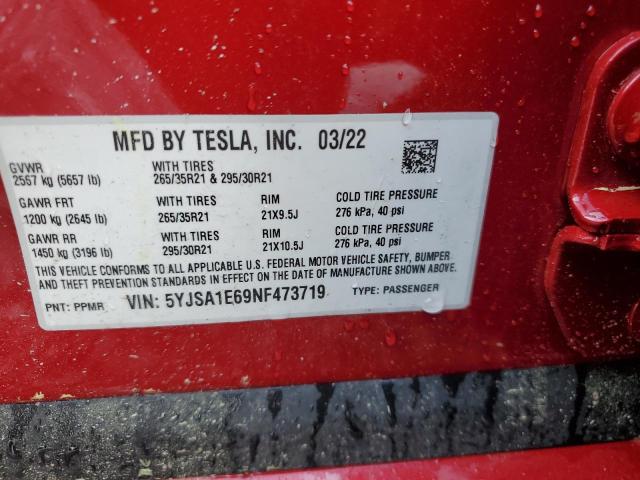 5YJSA1E69NF473719 - 2022 TESLA MODEL S Qırmızı foto 12