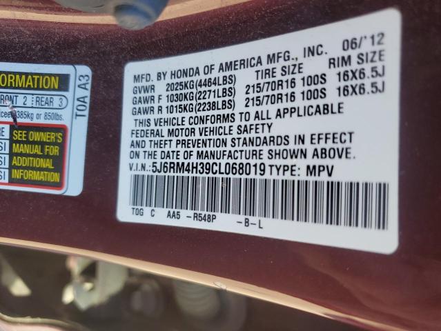 5J6RM4H39CL068019 - 2012 HONDA CR-V LX BURGUNDY photo 14