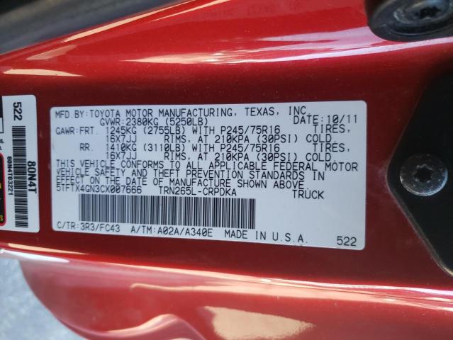 5TFTX4GN3CX007666 - 2012 TOYOTA TACOMA PRERUNNER ACCESS CAB RED photo 12