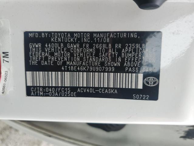 4T1BE46K79U907999 - 2009 TOYOTA CAMRY BASE WHITE photo 12