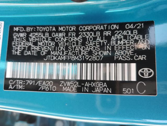 JTDKAMFP8M3192807 - 2021 TOYOTA PRIUS PRIM LE BLUE photo 12