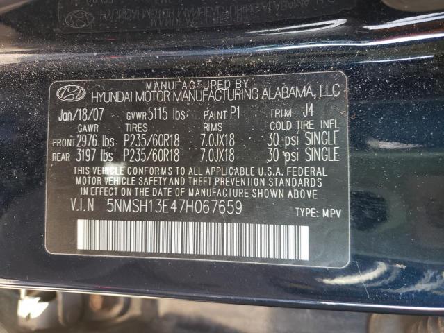 5NMSH13E47H067659 - 2007 HYUNDAI SANTA FE SE BLUE photo 13