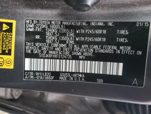 5TDJKRFHXFS124735 - 2015 TOYOTA HIGHLANDER XLE 灰色 照片 14