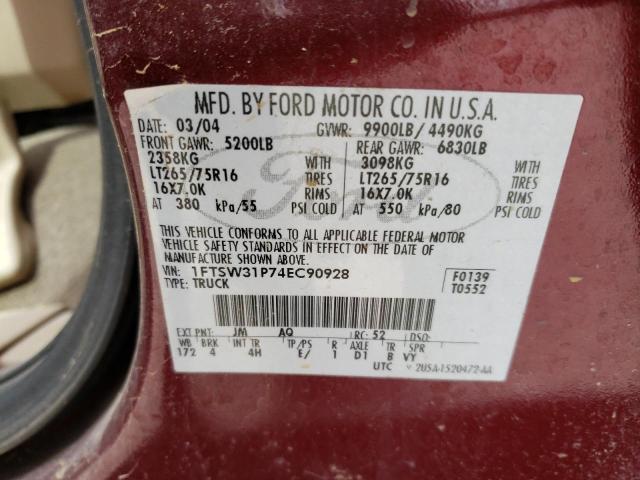 1FTSW31P74EC90928 - 2004 FORD F350 SRW SUPER DUTY BURGUNDY photo 12