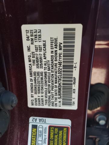 5J6RM3H7XCL022146 - 2012 HONDA CR-V EXL BURGUNDY photo 12