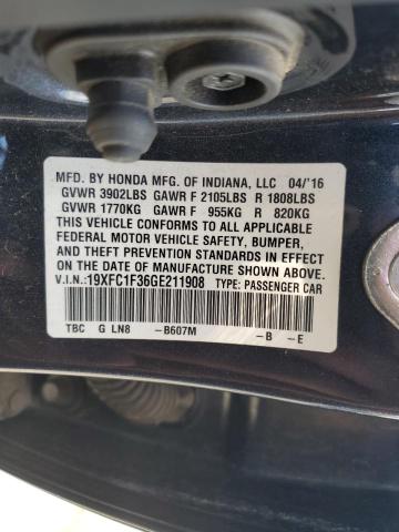 19XFC1F36GE211908 - 2016 HONDA CIVIC EX BLUE photo 12