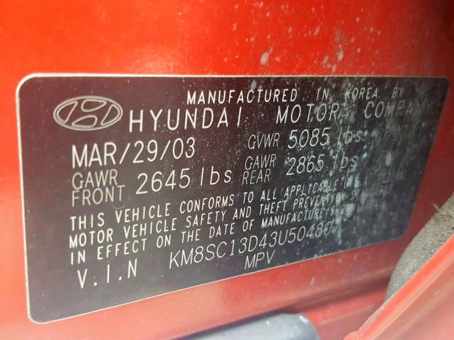 KM8SC13D43U504807 - 2003 HYUNDAI SANTA FE GLS  photo 10