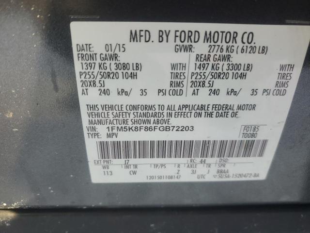 1FM5K8F86FGB72203 - 2015 FORD EXPLORER LIMITED GRAY photo 13