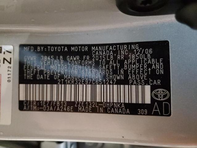 2T1KR32E97C651247 - 2007 TOYOTA COROLLA MA XR SILVER photo 12