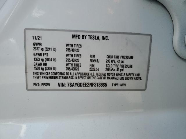 7SAYGDEE2NF313685 - 2022 TESLA MODEL Y WHITE photo 12