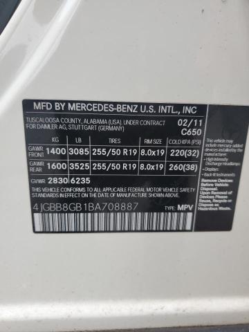 4JGBB8GB1BA708887 - 2011 MERCEDES-BENZ ML 350 4MATIC WHITE photo 12