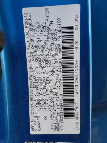 3TMJU62N47M047138 - 2007 TOYOTA TACOMA DOUBLE CAB PRERUNNER BLUE photo 12