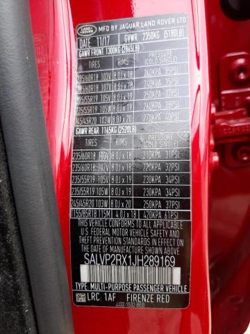 SALVP2RX1JH289169 - 2018 LAND ROVER RANGE ROVE SE RED photo 10