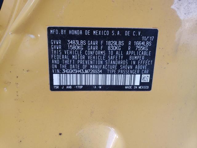 3HGGK5H43JM726934 - 2018 HONDA FIT LX YELLOW photo 13