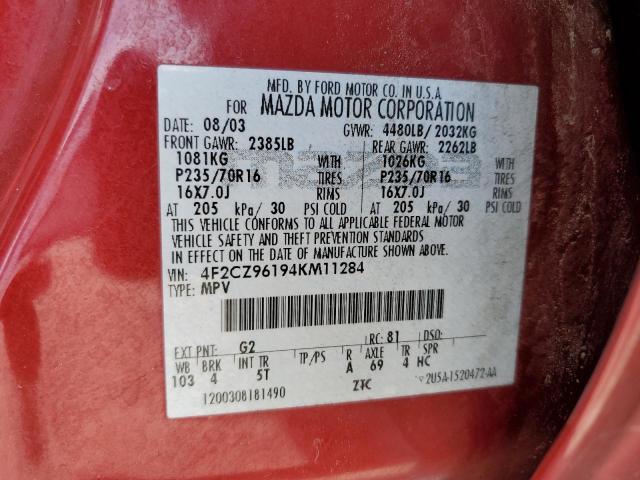 4F2CZ96194KM11284 - 2004 MAZDA TRIBUTE ES RED photo 13