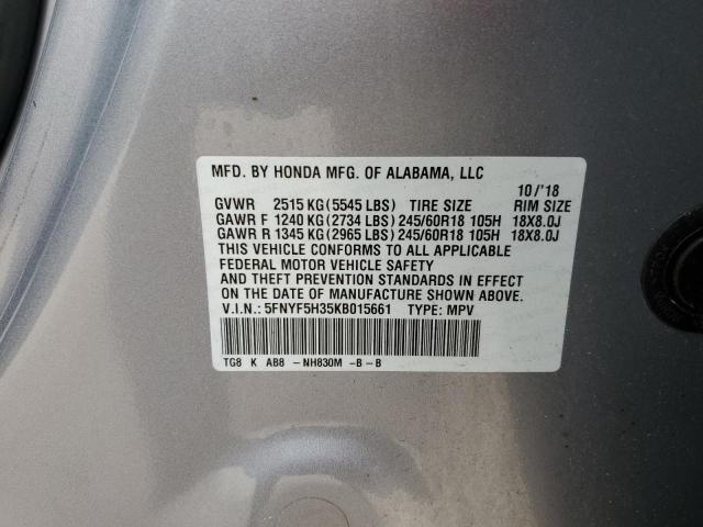 5FNYF5H35KB015661 - 2019 HONDA PILOT EX SILVER photo 13