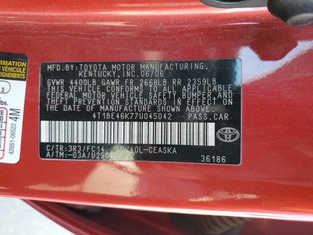 4T1BE46K77U045042 - 2007 TOYOTA CAMRY CE RED photo 12