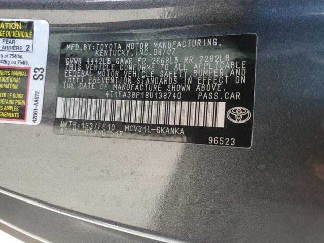 4T1FA38P18U138740 - 2008 TOYOTA CAMRY SOLA SE GRAY photo 12