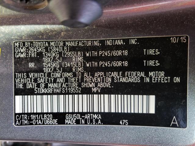 5TDKKRFH4FS119552 - 2015 TOYOTA HIGHLANDER XLE Grafit foto 13