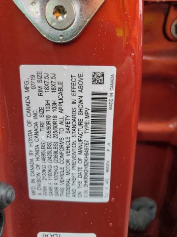 2HKRW2H82KH649767 - 2019 HONDA CR-V EXL RED photo 12