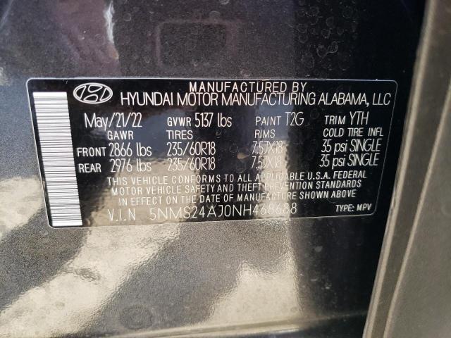 5NMS24AJ0NH468688 - 2022 HYUNDAI SANTA FE SEL Մոխրագույն լուսանկար 12