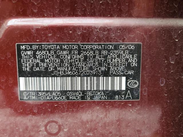 JTHBJ46G672023913 - 2007 LEXUS ES 350 RED photo 12