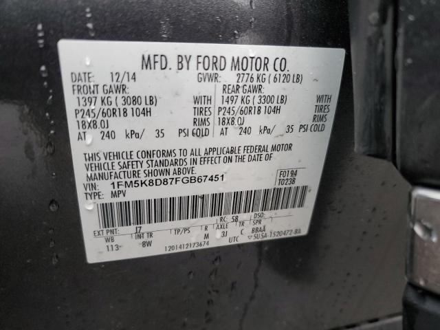 1FM5K8D87FGB67451 - 2015 FORD EXPLORER XLT GRAY photo 13