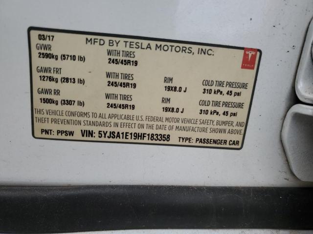 5YJSA1E19HF183358 - 2017 TESLA MODEL S WHITE photo 13