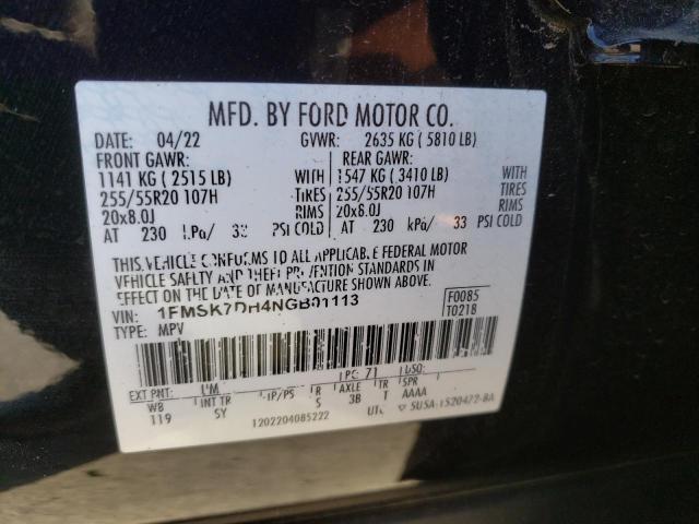 1FMSK7DH4NGB01113 - 2022 FORD EXPLORER XLT BLACK photo 13