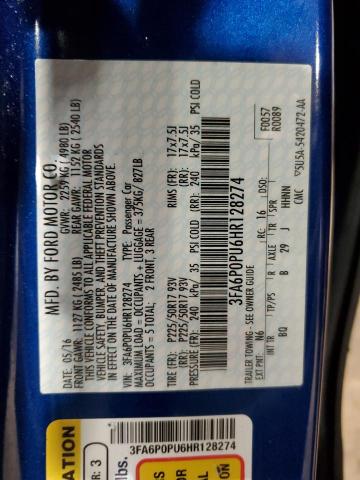 3FA6P0PU6HR128274 - 2017 FORD FUSION SE PHEV BLUE photo 12