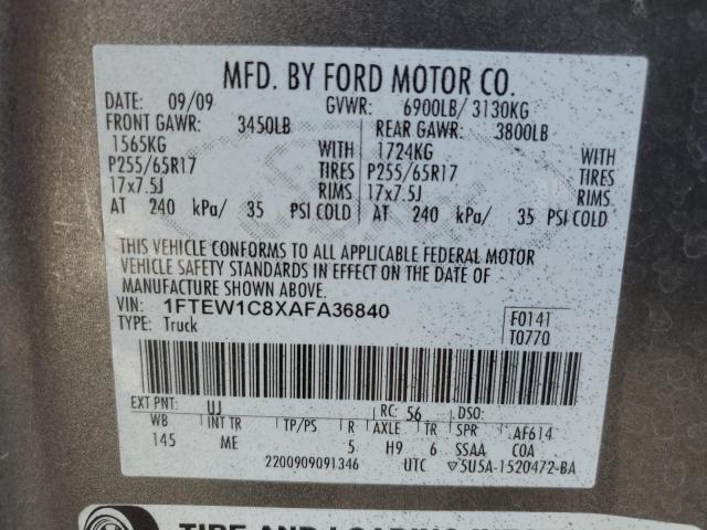 1FTEW1C8XAFA36840 - 2010 FORD F150 SUPERCREW GRAY photo 12