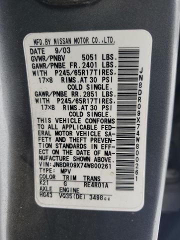 JN8DR09X74W800261 - 2004 NISSAN PATHFINDER LE GRAY photo 14