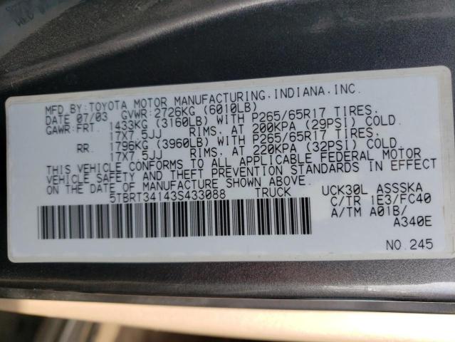 5TBRT34143S433088 - 2003 TOYOTA TUNDRA ACCESS CAB SR5 GRAY photo 12
