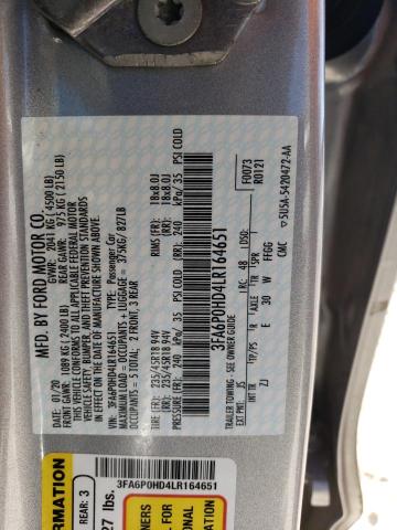 3FA6P0HD4LR164651 - 2020 FORD FUSION SE SILVER photo 12