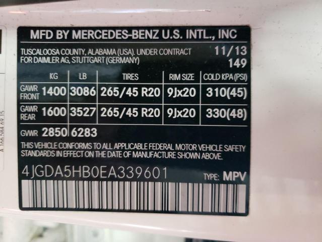 4JGDA5HB0EA339601 - 2014 MERCEDES-BENZ ML 350 4MATIC WHITE photo 12