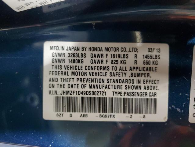 JHMZF1D49DS002721 - 2013 HONDA CR-Z BLUE photo 12