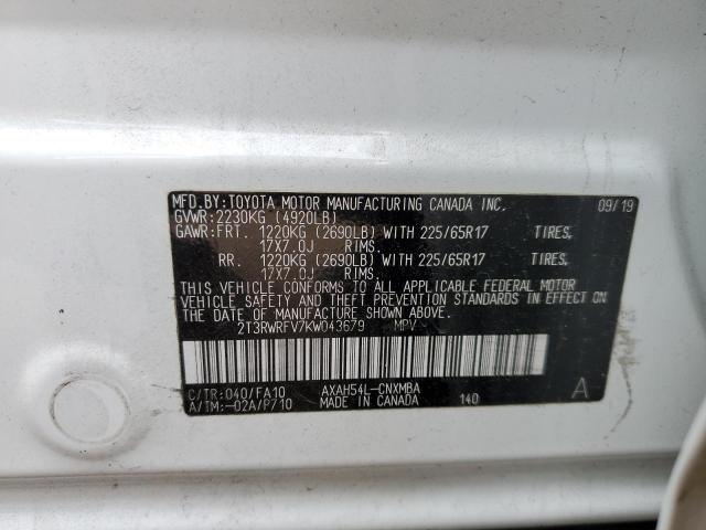 2T3RWRFV7KW043679 - 2019 TOYOTA RAV4 XLE WHITE photo 12