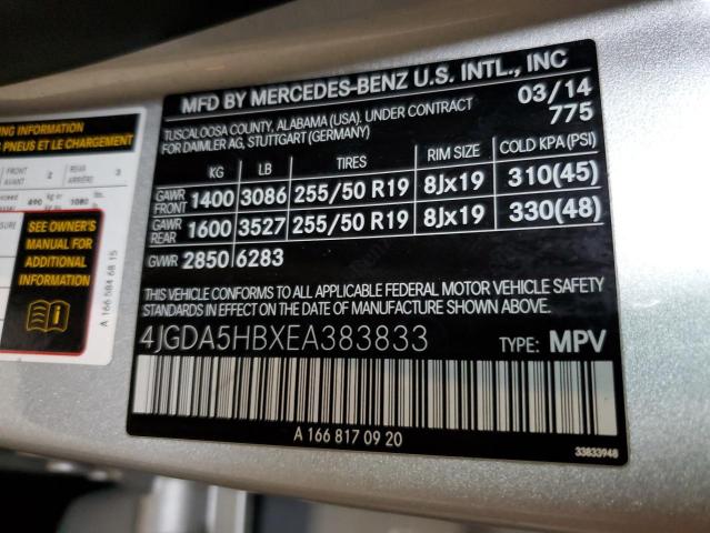 4JGDA5HBXEA383833 - 2014 MERCEDES-BENZ ML 350 4MATIC SILVER photo 13
