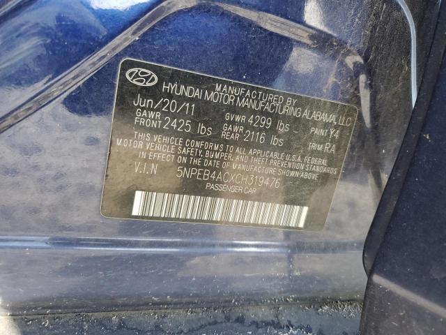 5NPEB4ACXCH319476 - 2012 HYUNDAI SONATA GLS BLUE photo 12