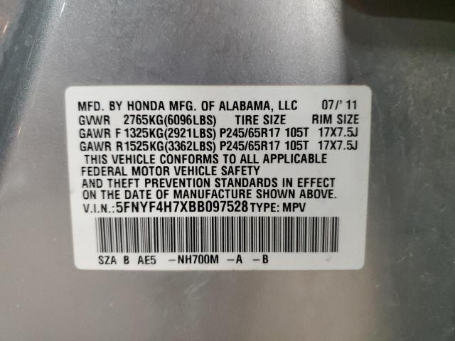 5FNYF4H7XBB097528 - 2011 HONDA PILOT EXLN SILVER photo 13