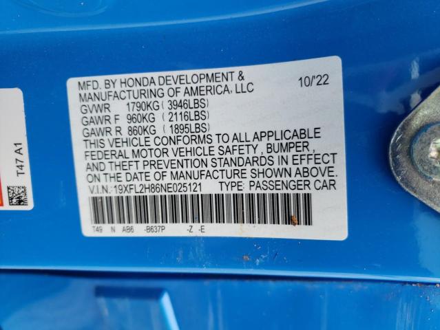 19XFL2H86NE025121 - 2022 HONDA CIVIC SPORT 蓝色 照片 12