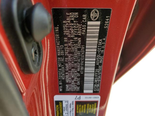 4T1BF1FK1EU742781 - 2014 TOYOTA CAMRY L RED photo 12