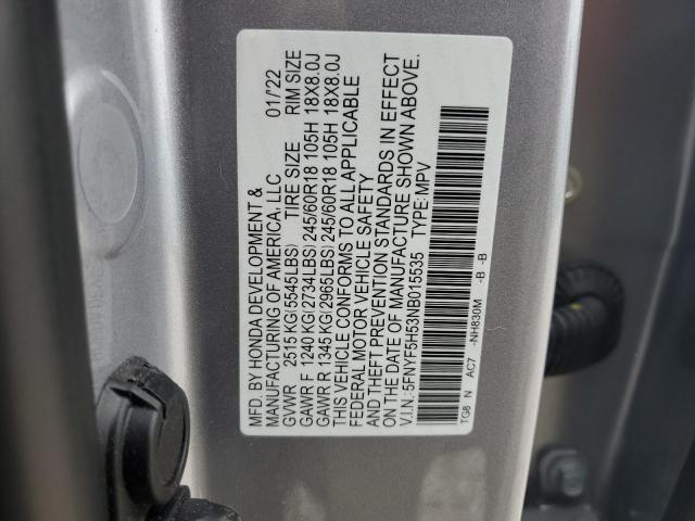 5FNYF5H53NB015535 - 2022 HONDA PILOT EXL SILVER photo 13