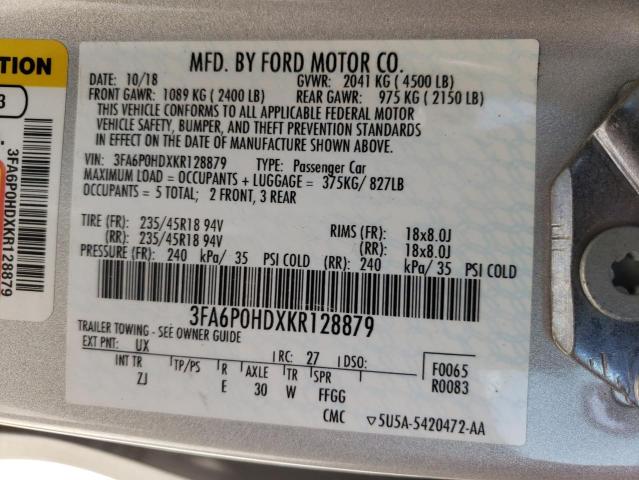 3FA6P0HDXKR128879 - 2019 FORD FUSION SE SILVER photo 12