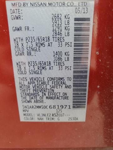 5N1AR2MM5DC681971 - 2013 NISSAN PATHFINDER S MAROON photo 13