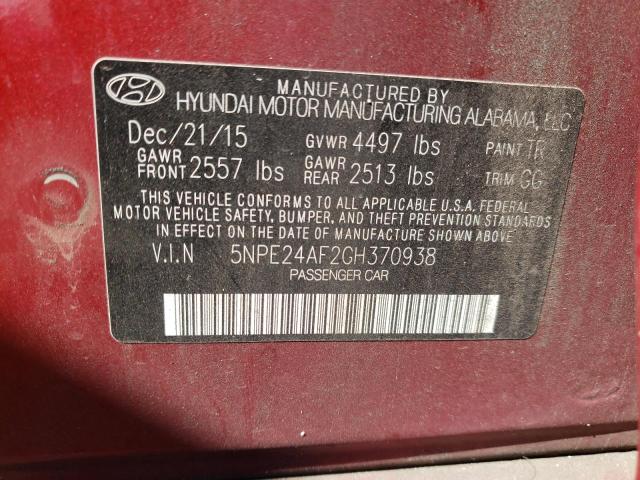 5NPE24AF2GH370938 - 2016 HYUNDAI SONATA SE MAROON photo 12