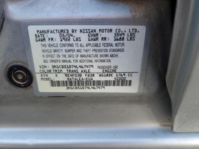 3N1CB51D74L467479 - 2004 NISSAN SENTRA 1.8 SILVER photo 12