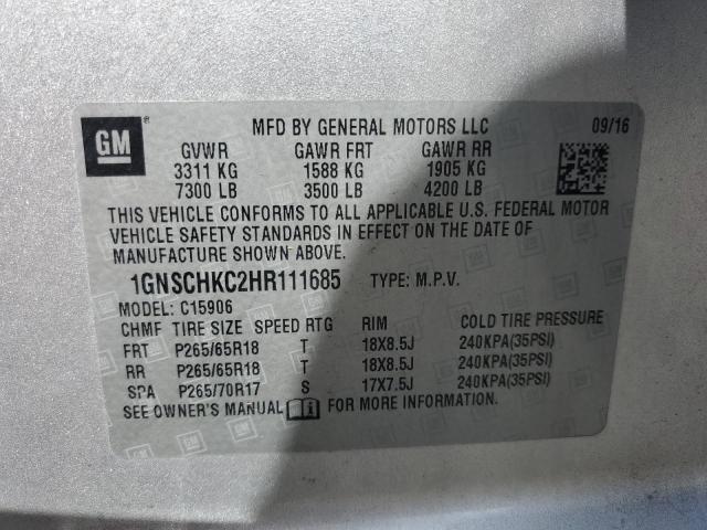 1GNSCHKC2HR111685 - 2017 CHEVROLET SUBURBAN C1500 LT SILVER photo 12