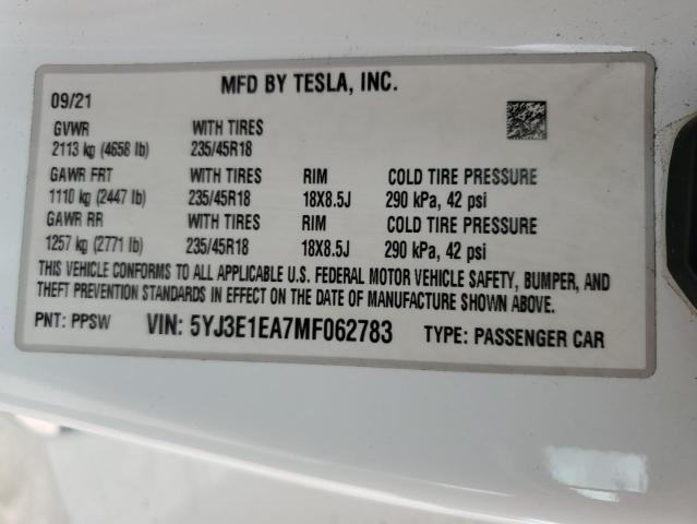 5YJ3E1EA7MF062783 - 2021 TESLA MODEL 3 WHITE photo 13